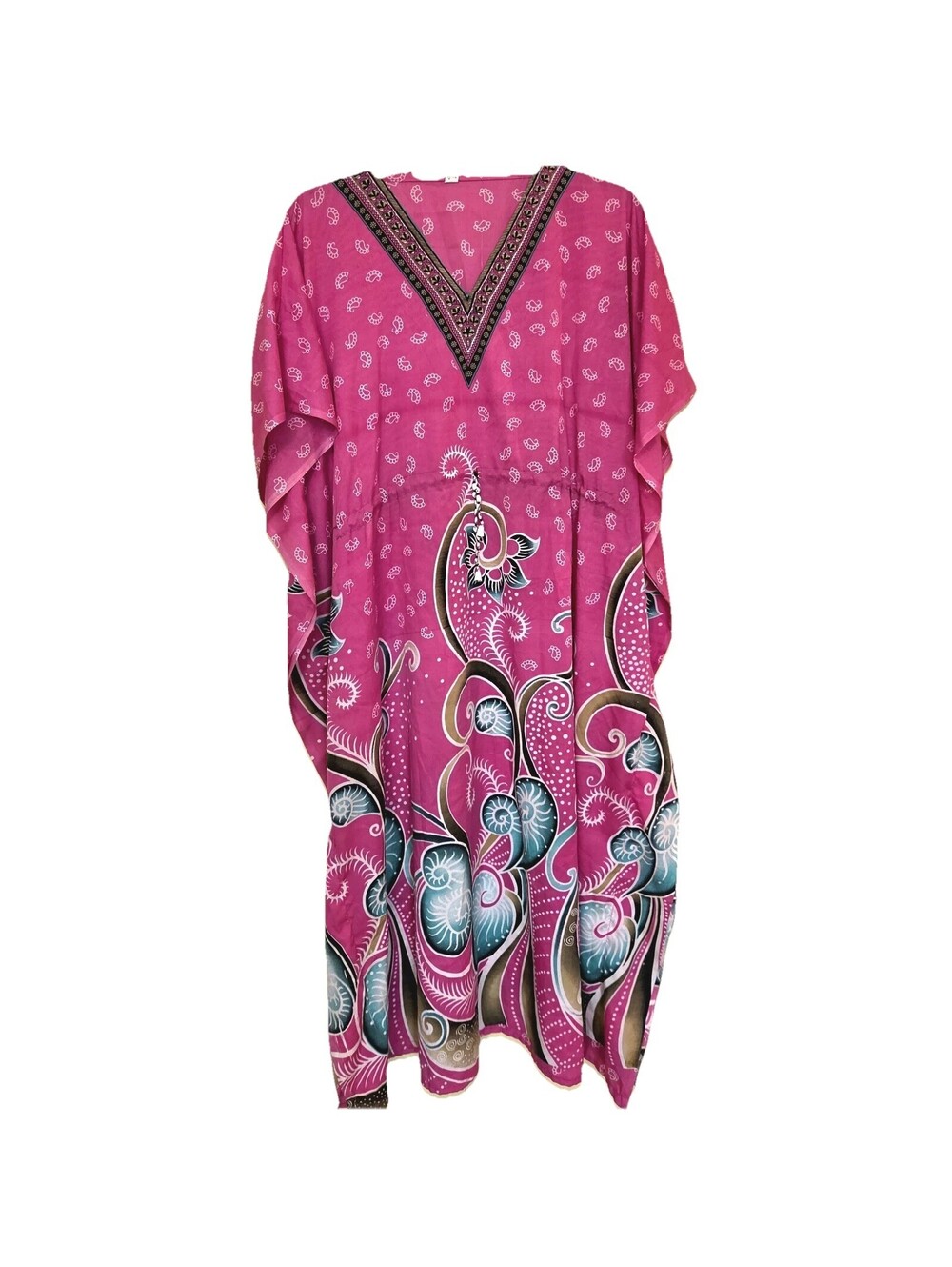 Boho Caftan Muumuu One Size Pink White Paisley Dress Vneck Swim Cover Resort EUC